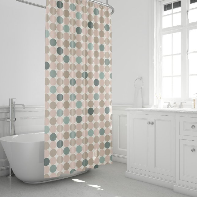Geometric pattern of green and pink polka dots shower curtain (Creator Uploaded)
