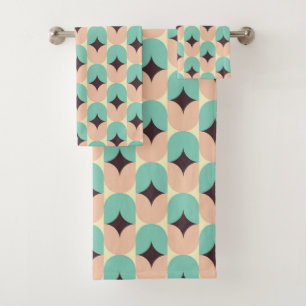 Geometric pattern of teal, beige, and black shapes bath towel set