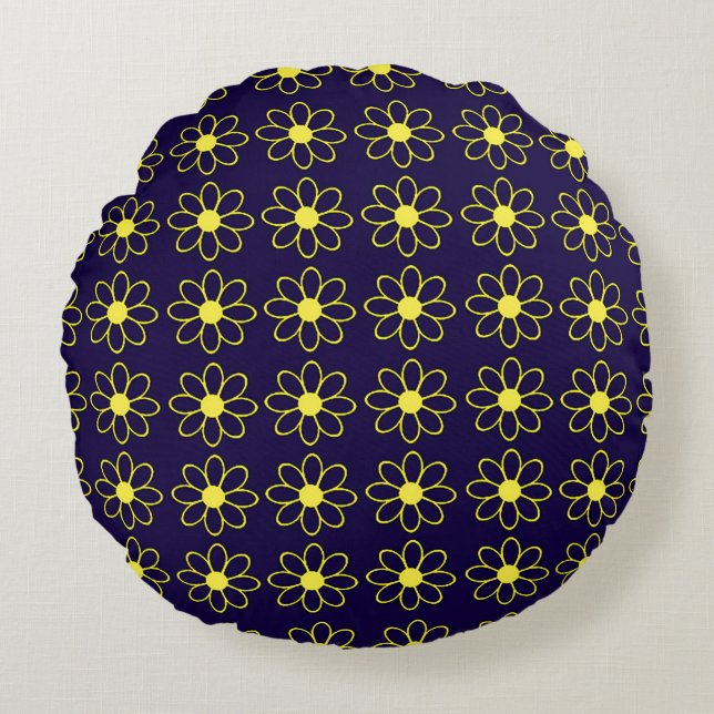 Geometric Pattern of Yellow Daisy Flowers Round Cushion (Front)