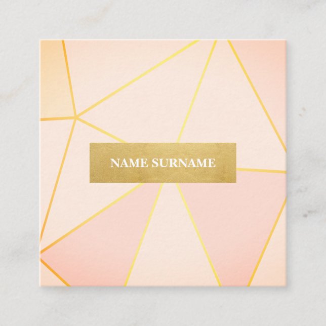 Geometric Pattern Peach Gold Square Business Card (Front)