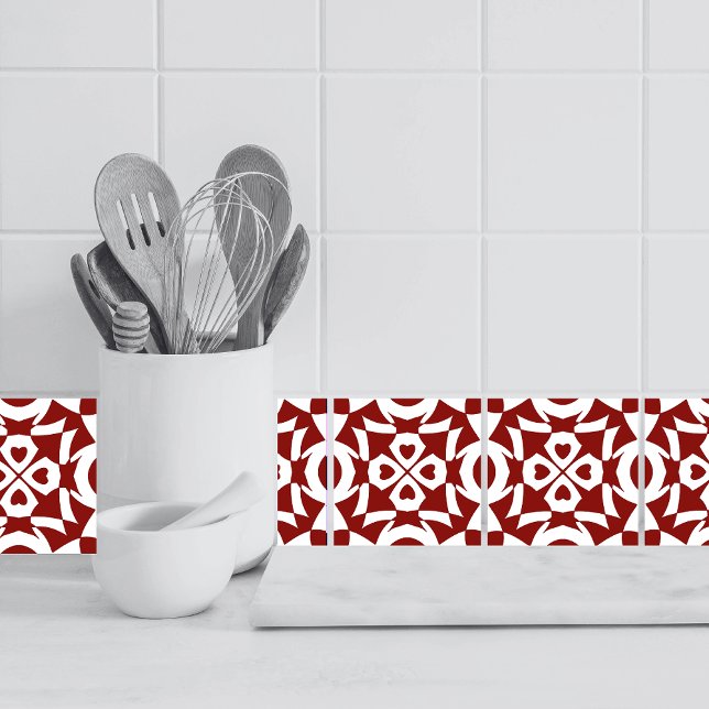 Geometric Pattern Red And White Ceramic Tile (Kitchen Tiles - Border)