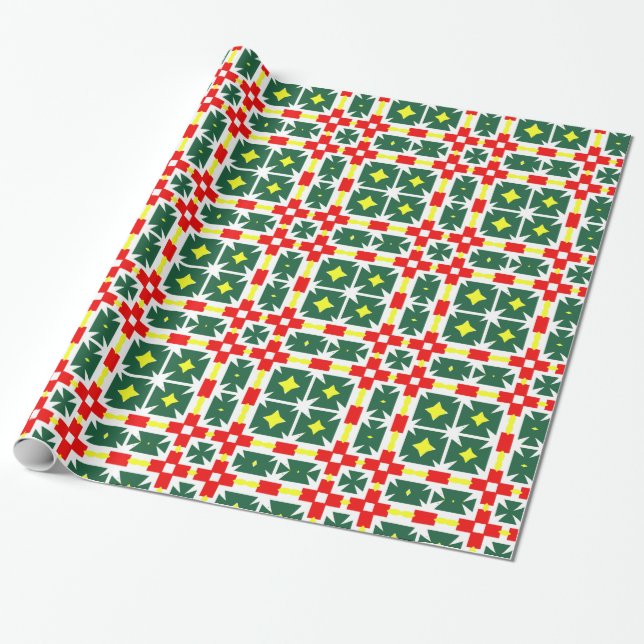 Geometric Pattern Red Green Yellow Wrapping Paper (Unrolled)