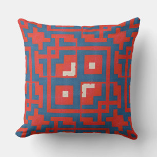 Geometric Pattern Red Shapes on Blue Background  Cushion