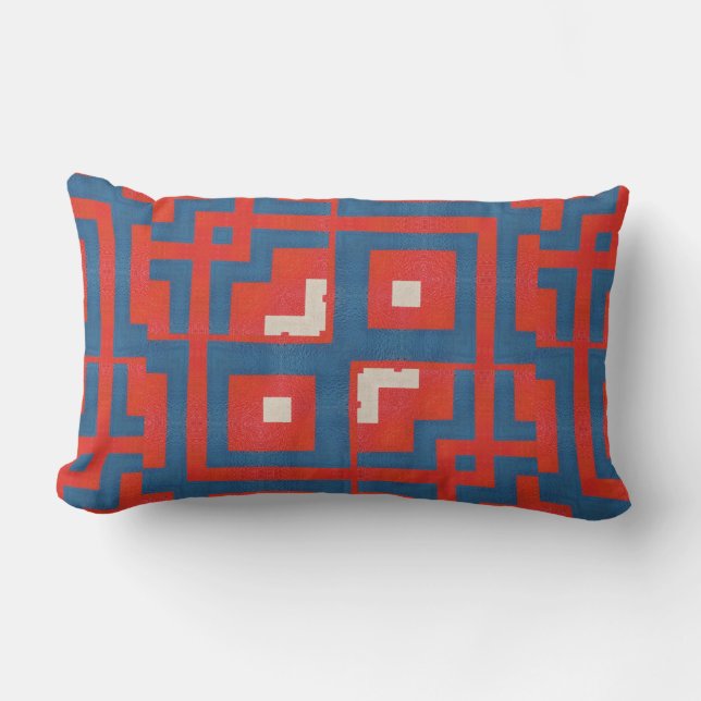 Geometric Pattern Red Shapes on Blue Background Lumbar Cushion (Front)