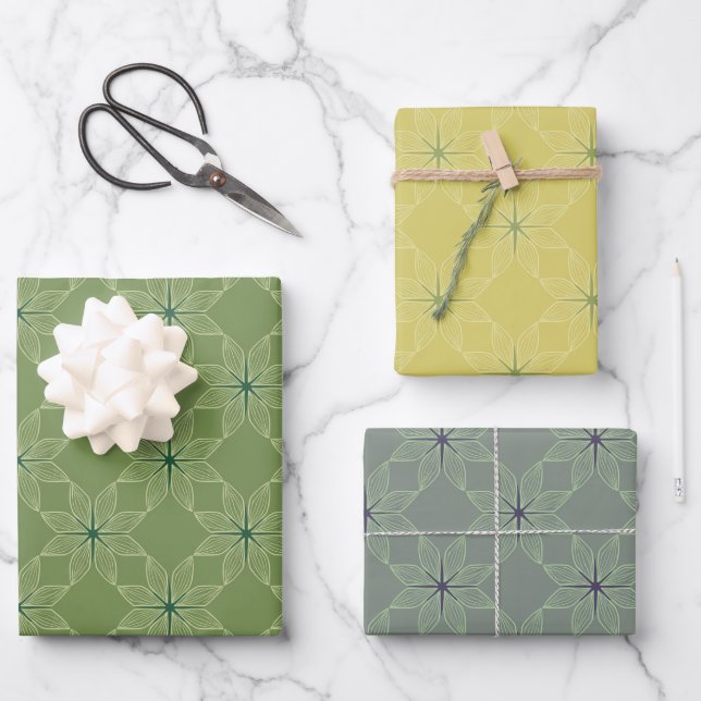 Geometric Pattern | Sage, Mustard and Grey Wrapping Paper Sheet (Front)