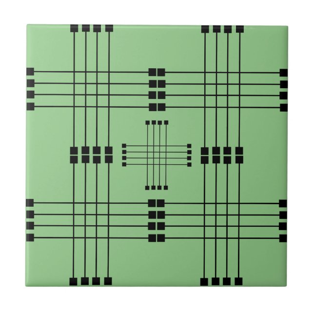 Geometric Pattern | Squares | Lines | Sage | Ceramic Tile (Front)