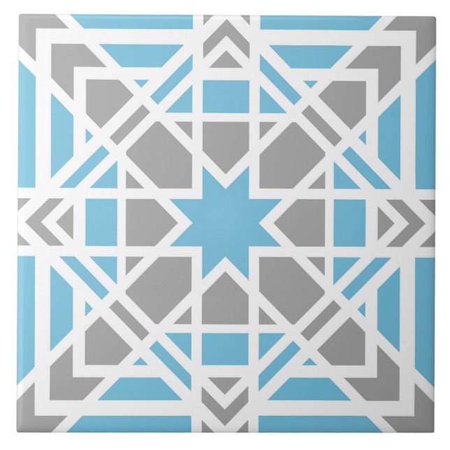 Geometric pattern, teal, white, light grey ceramic tile (Front)