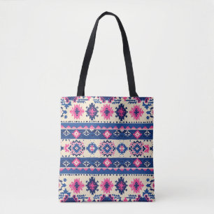 Geometric Pattern Tote Bag - Blue and Pink Stripes