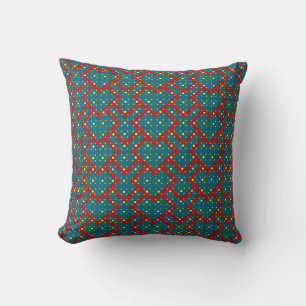 Geometric pattern with blue hearts outlined in red cushion