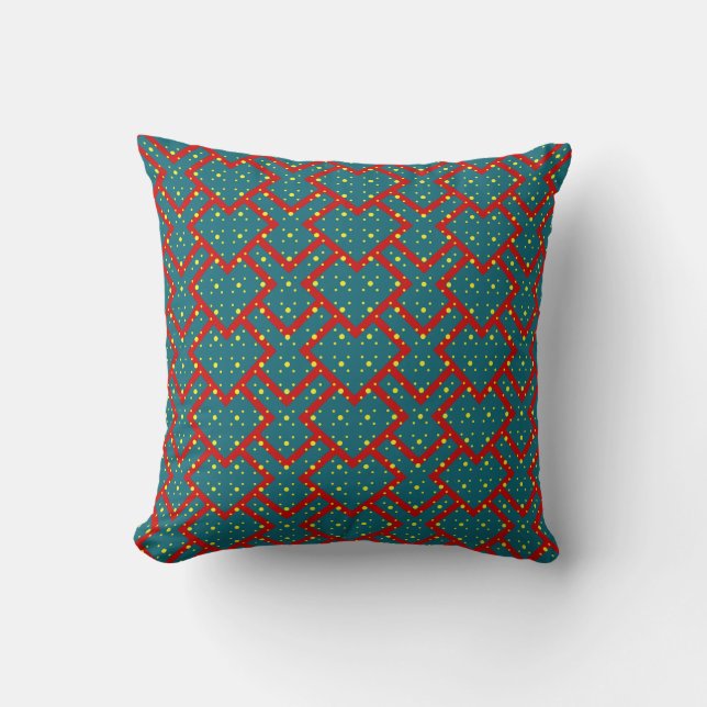 Geometric pattern with blue hearts outlined in red cushion (Front)