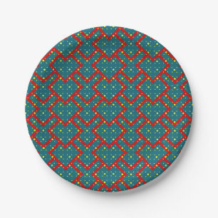 Geometric pattern with blue hearts outlined in red paper plate