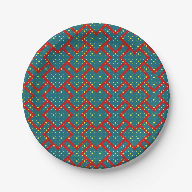 Geometric pattern with blue hearts outlined in red paper plate (Front)