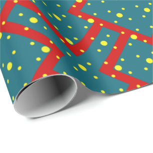 Geometric pattern with blue hearts outlined in red wrapping paper
