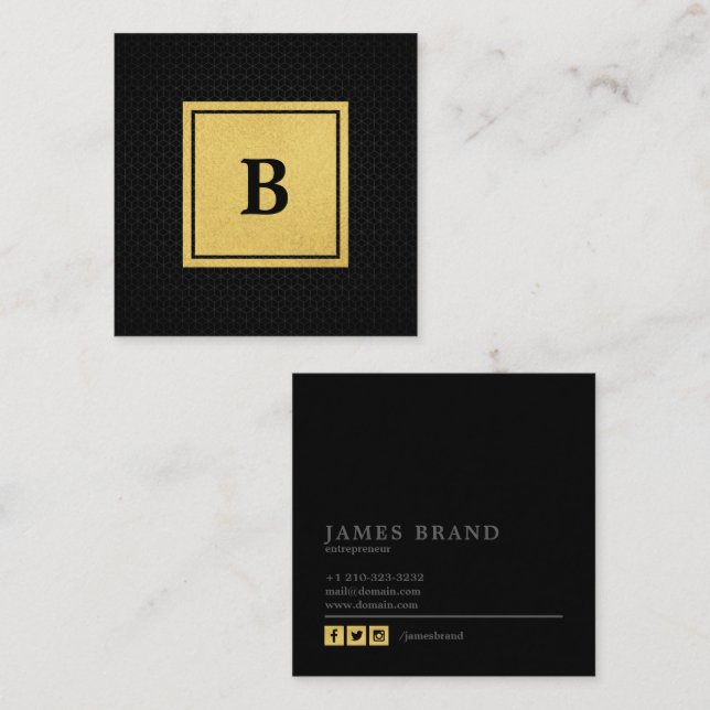 Geometric Pattern with Faux Gold Foil Monogram Square Business Card (Front/Back)