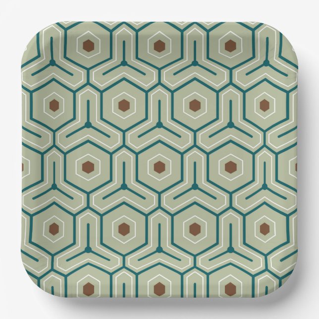 Geometric pattern with interlocking hexagons paper plate (Front)