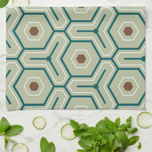 Geometric pattern with interlocking hexagons tea towel (Folded)