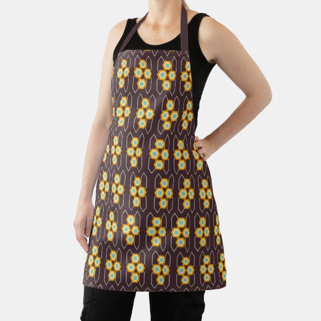 Geometric pattern with orange and blue hexagons apron (Insitu)