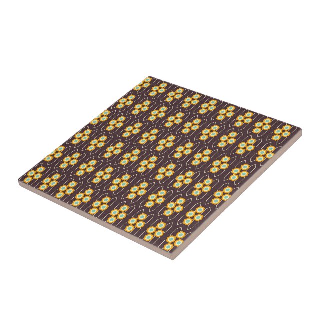 Geometric pattern with orange and blue hexagons ceramic tile (Side)