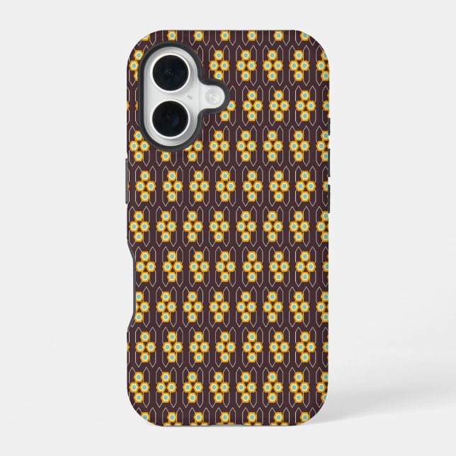Geometric pattern with orange and blue hexagons iPhone 16 case (Back)