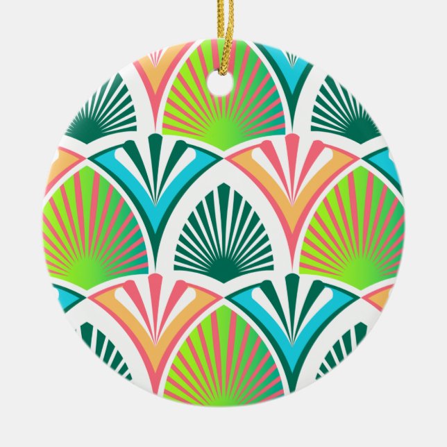 Geometric pattern with palm leaves and flowers ceramic ornament (Front)