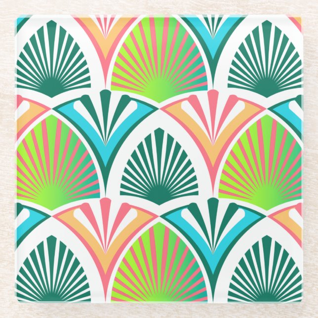 Geometric pattern with palm leaves and flowers glass coaster (Front)