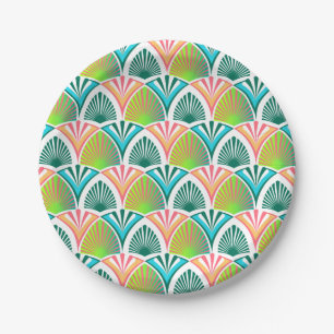 Geometric pattern with palm leaves and flowers paper plate