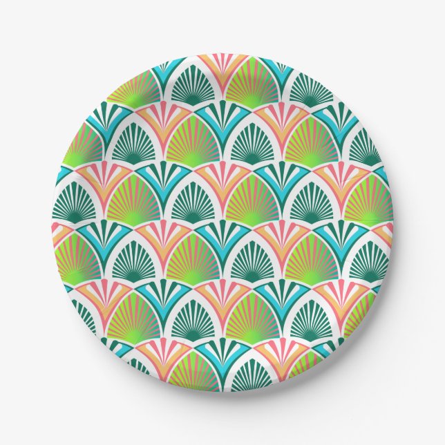 Geometric pattern with palm leaves and flowers paper plate (Front)