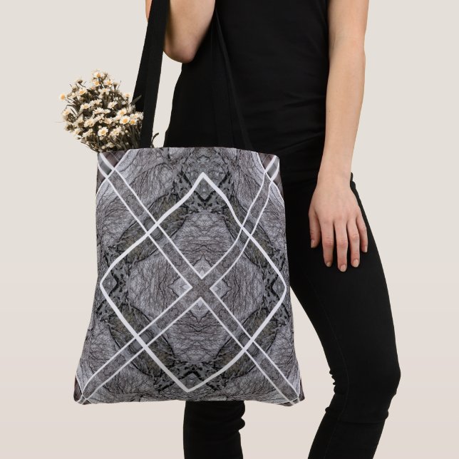 Geometric Pattern with Snowy Winter Trees Tote Bag (Close Up)