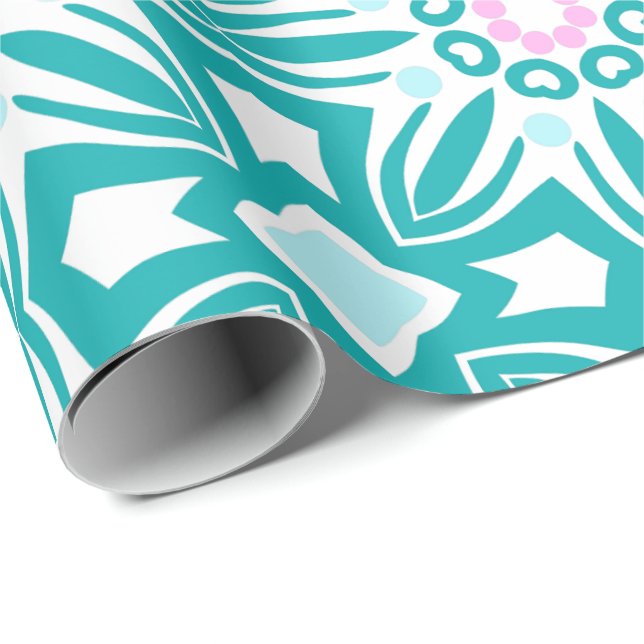 Geometric pattern with teal, white, and pink motif wrapping paper (Roll Corner)
