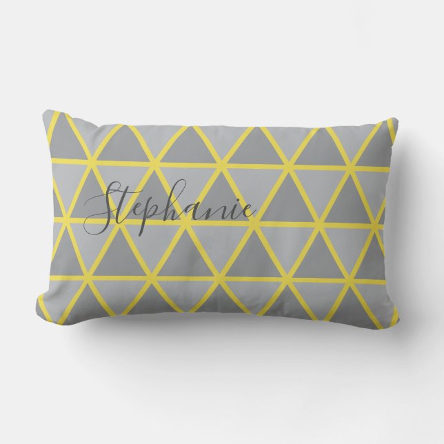Geometric pattern yellow & grey lumbar cushion (Front)
