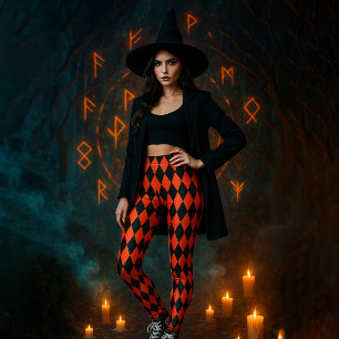 Geometric Patterned Black Red Diamond Halloween Leggings