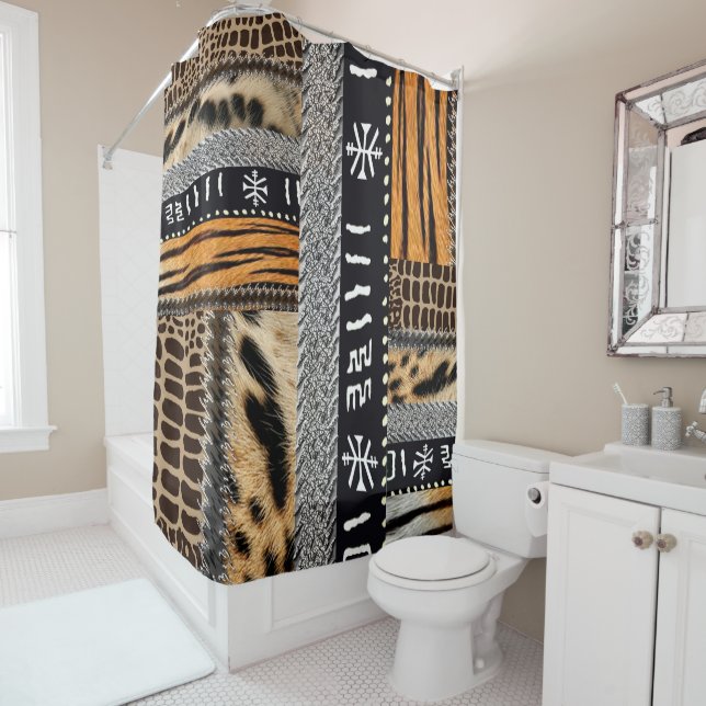 “Geometric Patterns with an Eye-Catching Animal Mo Shower Curtain (In Situ)