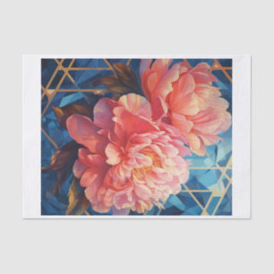 Geometric Peony Art for Decoupage Blue Background Tissue Paper