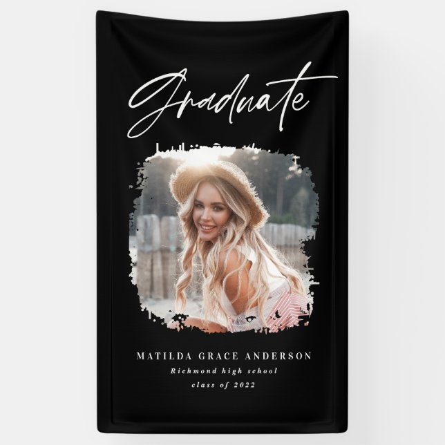 Geometric photo black white graduation party banner (Vertical)