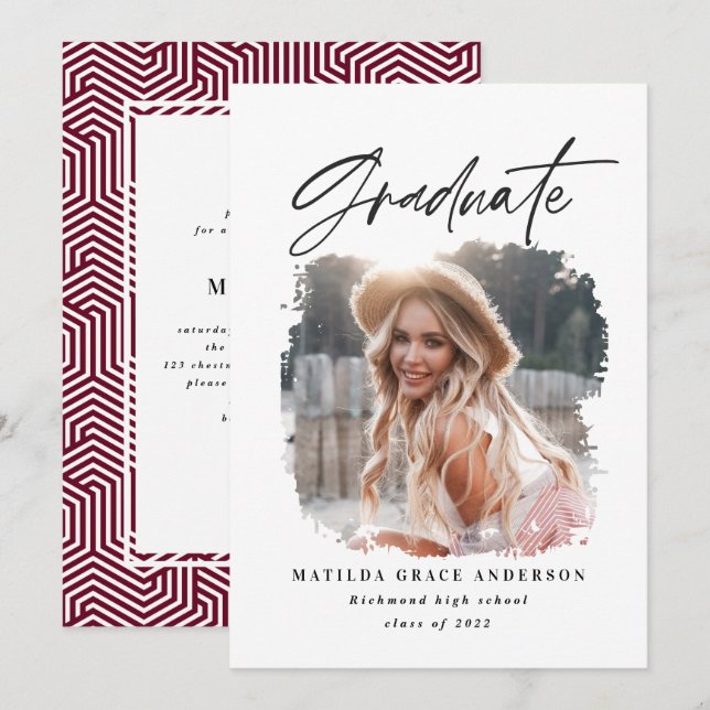 Geometric photo burgundy graduation party invite (Front/Back)
