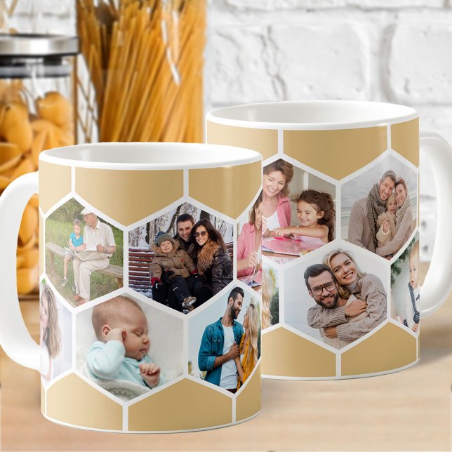 Geometric Photo Collage 9 Picture 11oz Coffee Mug (Photo mug with 9 of your favorite pics and honey beige hexagon honeycomb pattern)