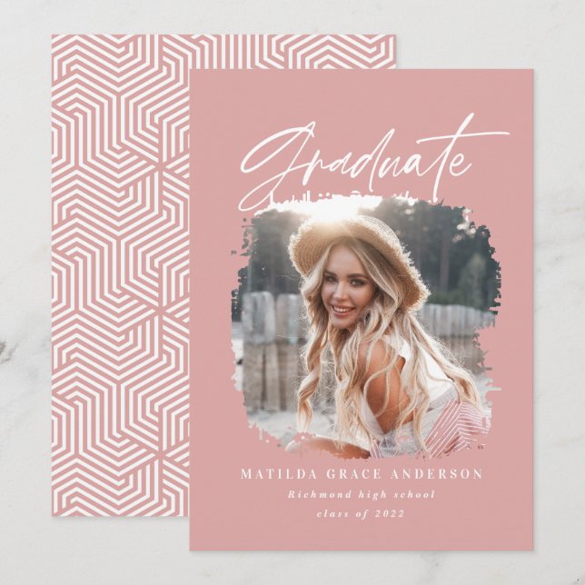 Geometric photo girly pink script graduation announcement (Front/Back)