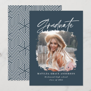 Geometric photo navy blue script graduation announcement