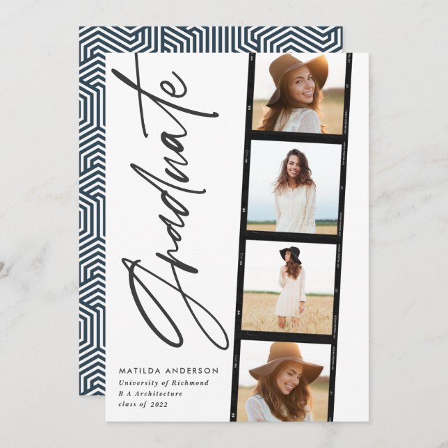 Geometric photo typography blue graduation party announcement (Front/Back)