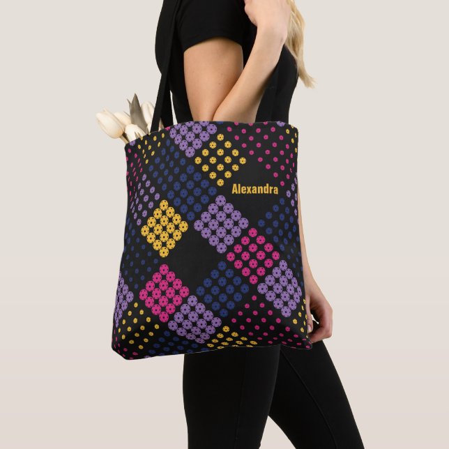 Geometric pickleball pattern, with name tote bag (Close Up)