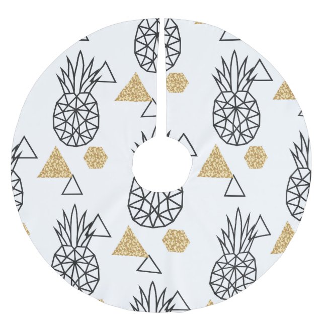 Geometric Pineapple Gold Dots Pattern. Brushed Polyester Tree Skirt (Front)