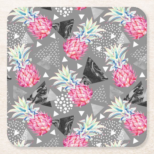 Geometric Pineapple Textured Pattern Square Paper Coaster (Front)