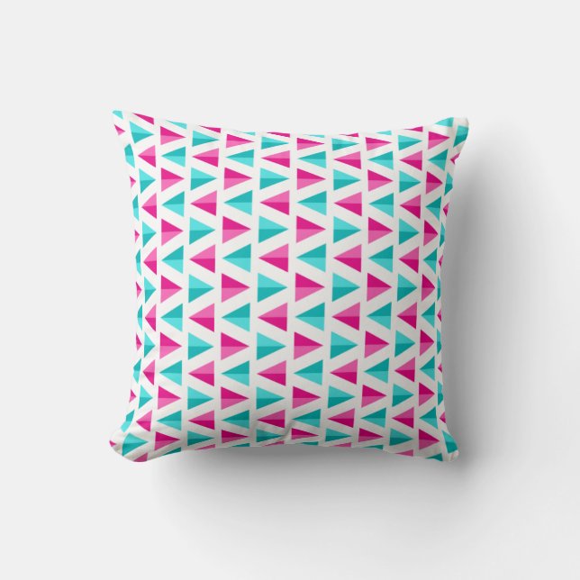 Geometric Pink & Aqua Blue Triangles Pattern Cushion (Front)