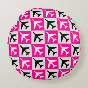 Geometric Pink Aviation Jets Aeroplane Round Cushion