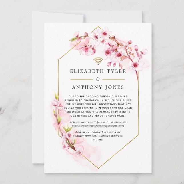 Geometric Pink Blossom Virtual Wedding Announcement (Front)
