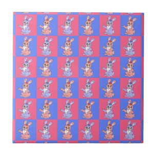Geometric Pink Blue Bunny Rabbit Pattern Ceramic Tile