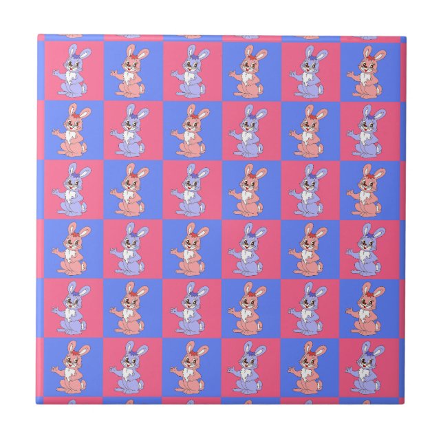 Geometric Pink Blue Bunny Rabbit Pattern  Ceramic Tile (Front)