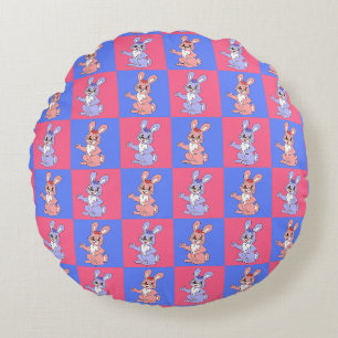 Geometric Pink Blue Bunny Rabbit Pattern Round Cushion
