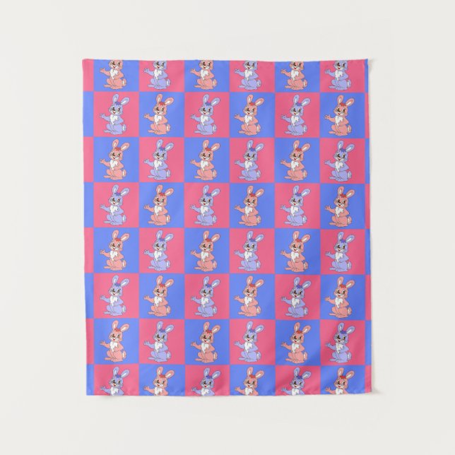 Geometric Pink Blue Bunny Rabbit Pattern  Tapestry (Front)