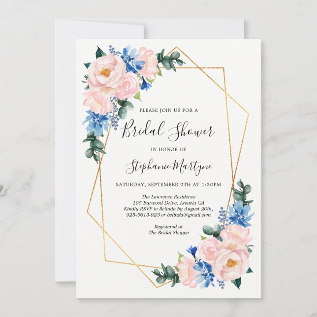 Geometric Pink Blue Floral Bridal Shower Invitation (Front)